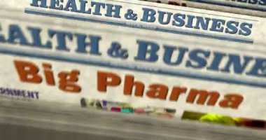 Big Pharma, sağlık hizmetleri, ilaç endüstrisi ve günlük tıbbi işler gazete baskısı. Soyut konsept retro başlıklar 3d kusursuz döngülenmiş.