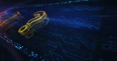 Soru işareti, arama, destek, faq, quiz ve hologram sembolünün elektronik devre arka planında görünmesine yardım et. Ağ, siber teknoloji ve bilgisayar soyut kavramı 3D kusursuz ve döngü animasyonu.