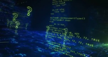 Soru işareti, arama, destek, faq, quiz ve soyut siber konseptin sembolü. Dijital teknoloji arka planı pürüzsüz ve döngüsel dinamik 3D animasyon.