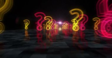 Soru işareti, arama, destek, faq, quiz ve soyut siber konseptin sembolü. Dijital teknoloji ve bilgisayar arkaplanı pürüzsüz ve döngülü 3D animasyon.
