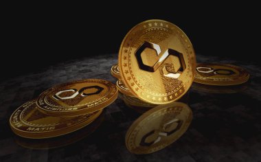 Poligon Matic kripto altın sikkesi yeşil perde arka planında. Soyut konsept 3d illüstrasyon.