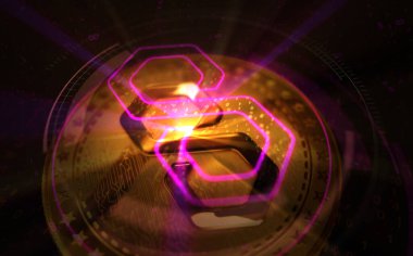 Poligon Matic kripto altın sikkesi yeşil perde arka planında. Soyut konsept 3d illüstrasyon.