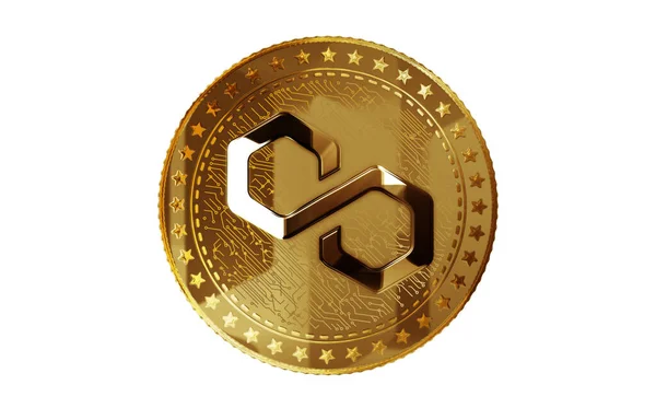 Polygon Matic Cryptogeld Geïsoleerde Gouden Munt Groene Achtergrond Scherm Abstract — Stockfoto