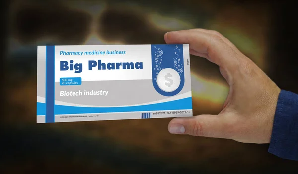 Big Pharma Médecine Santé Boîte Affaires Dans Main Industrie Pharmaceutique — Photo