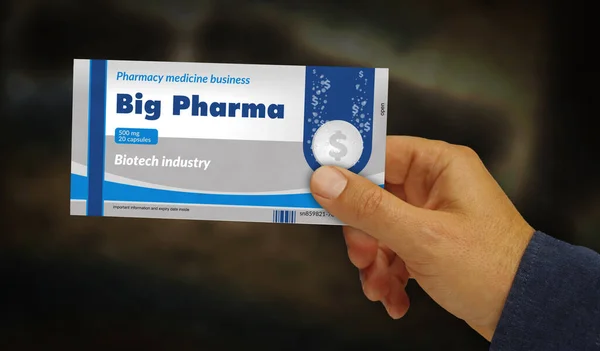 Big Pharma Médecine Santé Boîte Affaires Dans Main Industrie Pharmaceutique — Photo