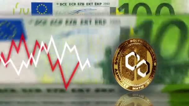 Polygon Matic Cryptogeld Gouden Munt Meer Dan 100 Euro Bankbiljetten — Stockvideo