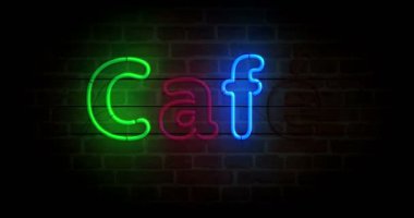 Kafe neon sembolü tuğla duvarda. Retro tarzı içki restoranı ve kahve ampulleri. Döngüsüz ve kusursuz soyut konsept animasyonu.