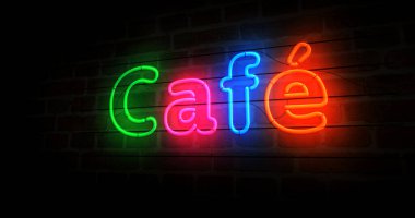 Kafe neon sembolü. Retro tarzı içki restoranı ve kahve ampulleri. Soyut konsept 3d illüstrasyon.