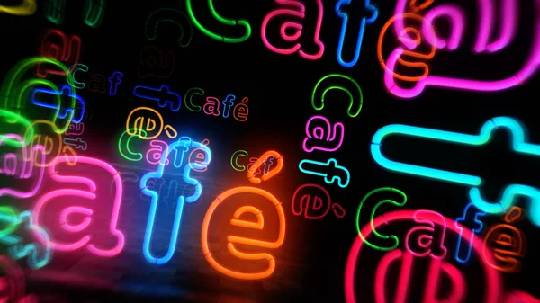 霓虹灯咖啡的象征 复古风格的餐厅和咖啡浅色灯泡 抽象概念3D说明 — 图库照片