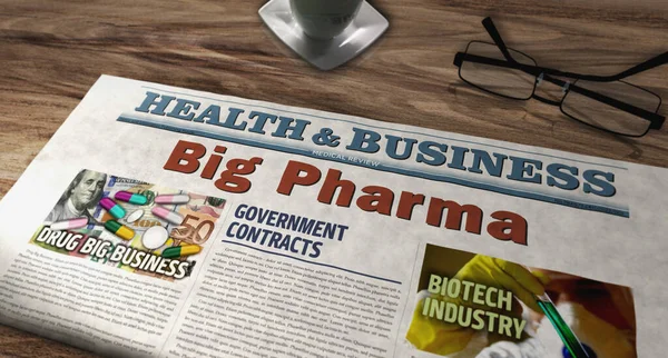 Big Pharma, health care, pharmaceutical industry and medical business daily newspaper on table. Headlines news abstract concept 3d illustration.