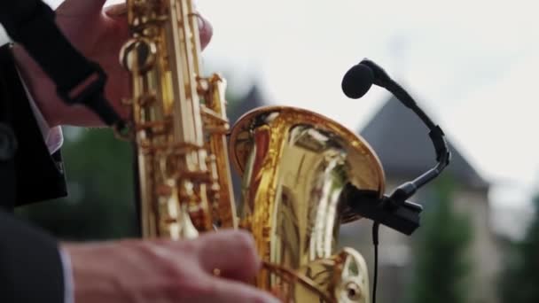 Закрыть будущее музыканта саксофонист играет музыку на его инструменте в солнечный летний день. — стоковое видео