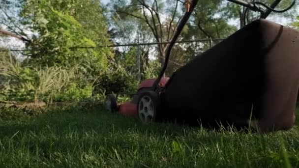 Uomo tagliato erba con tosaerba nel cortile vicino altalena casa nel parco giochi. — Video Stock