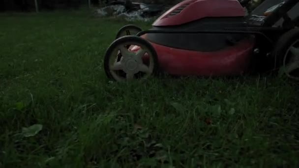L'uomo ha tagliato l'erba con tosaerba nel cortile della casa vicino altalena nel parco giochi. Vista laterale — Video Stock