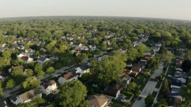 Amerika 'nın banliyölerinde yaz mevsiminde gayrimenkullerin insansız hava aracı görüntüsü. Mahalle manzaralı evler 