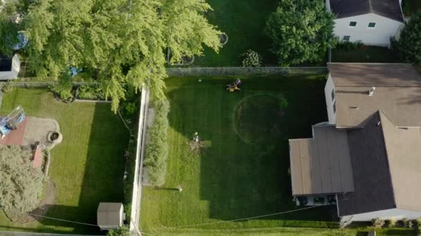 Letecký dron pohled na trávník traktor sekání trávníku shora na dvorku — Stock video