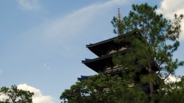Geleneksel elementlerin silueti mavi gökyüzü arka planında Japon tarzı binalar. Geniş görünüm