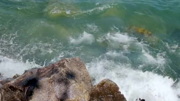 Movimento lento de ondas de água do oceano e rochas. Vista de perto — Vídeo de Stock