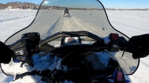 POV weergave van Sneeuwscooter rijdt door het dennenbos in slow motion. — Stockvideo