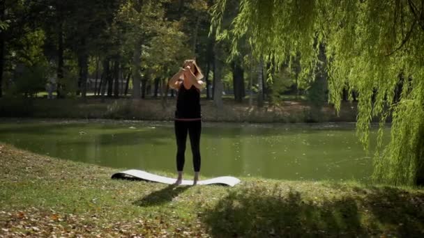 A lány bemelegítő gyakorlatokat végez jóga előtt a Nature n Parkban. széles felvételek — Stock videók