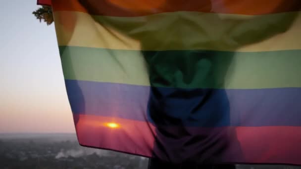 Жінка махає веселкою ЛГБТ прапор на заході сонця. Повільний рух крупним планом — стокове відео