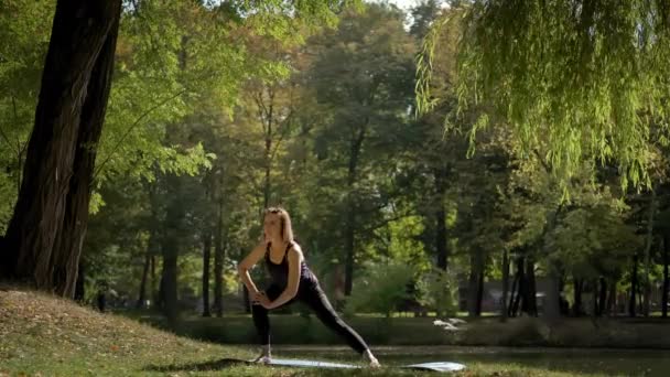 Yoga minderinde oturan ve açık havada yoga esneme egzersizi yapan kadının geniş bir görüntüsü. Yavaş çekim — Stok video