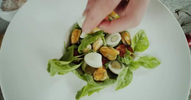 Vista de cerca de un hombre mano chef, prepara una ensalada de mariscos y verduras Vista superior — Vídeo de stock