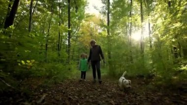 Küçük kızıyla birlikte ormanda köpeği gezdiren kadının yavaş çekim görüntüleri. seyahat konsepti. geniş