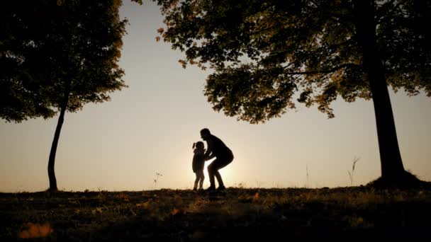 Sobre el fondo del brillante cielo anaranjado del atardecer, la silueta del padre abraza a su hija, la rodea y la vomita. Movimiento lento — Vídeo de stock