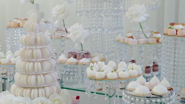 Candy Bar In The Banquet Hall. Many Kind of Dessert. Move camera shot — Stock Video