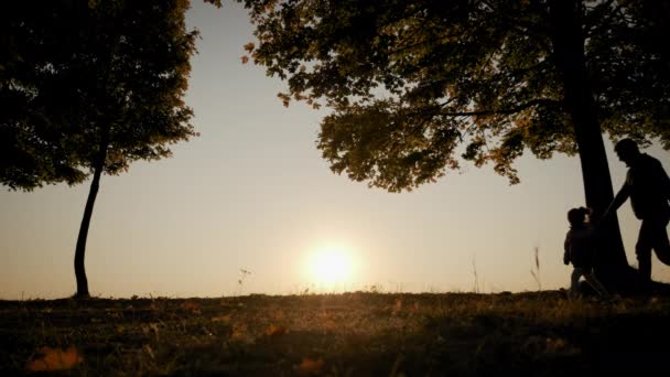 Tegen de achtergrond van de feloranje zonsondergang hemel, het silhouet van de vader en dochter wandelen — Stockvideo