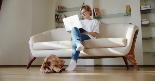 Kadın dizüstü bilgisayar ekranına bak kanepeye otur, kahverengi bir köpek kanepenin yanında yatıyor. Geniş görüntü — Stok video