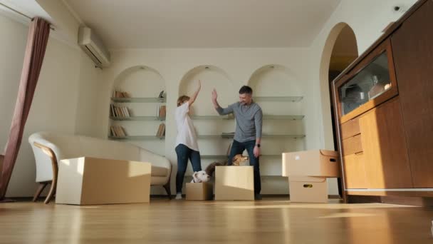 Excited happy young parents run push cardboard boxes ride insideand pets dog Jack Russel , family homeowners playing having fun on moving day. Slow motion footage — Stockvideo