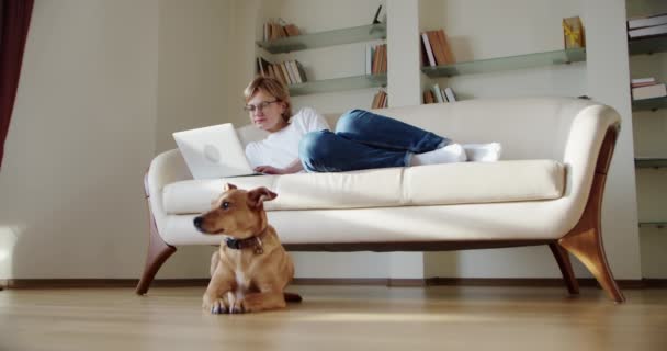 Vrouw kijk naar laptop scherm zitten op de bank, Een bruine hond ligt bij de bank. Breed schot — Stockvideo