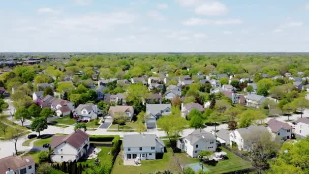 Vistas aéreas drone bairro suburbano com moradias ricas idênticos uns aos outros. Dia ensolarado — Vídeo de Stock