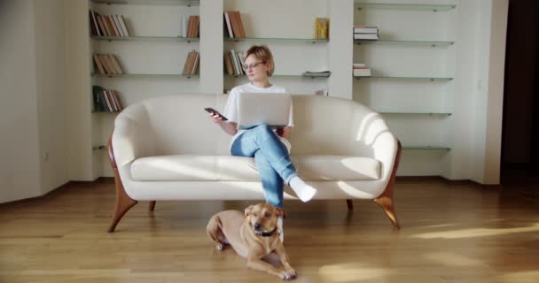 Vrouw kijk naar laptop scherm zitten op de bank, Een bruine hond ligt bij de bank. Breed schot. — Stockvideo