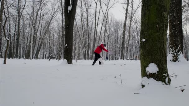 Mand leger med Jack Russell hund i en vinter snedækket park. Optagelser med langsom bevægelse – Stock-video