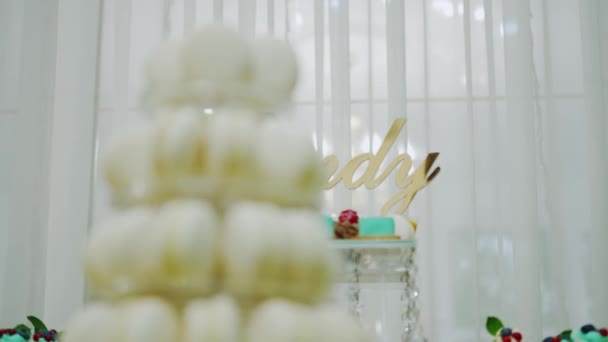 Close up shot of Candy Bar In The Banquet Hall. Many Kind of Dessert. Move camera footage — Wideo stockowe