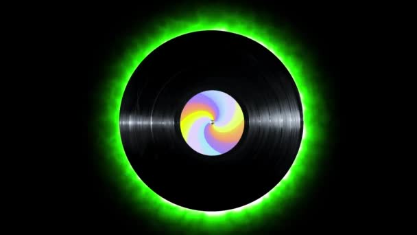 Glowing green neon line Vinyl disk with colorful sticker rotating on isolated on black background. V — Stock Video