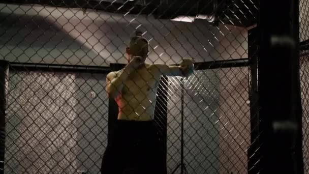MMA combattant homme s'entraîne avec kickboxing dans la salle de gym. Vue rapprochée — Video