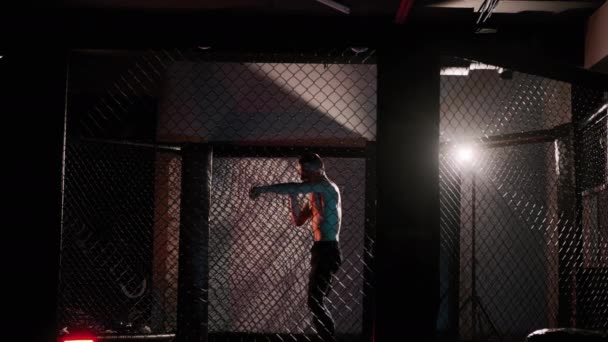 Dövüş sanatları dövüşçüsü spor salonunda kickboksla antrenman yapıyor. Yavaş çekim — Stok video