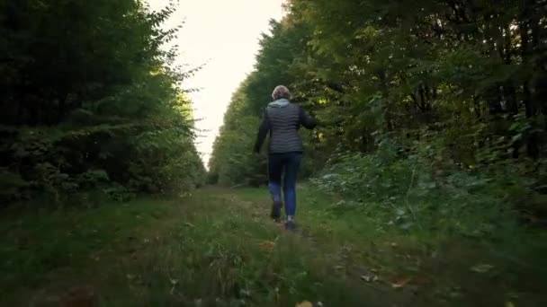 公園の森で犬と一緒に走っている女性。旅行のコンセプト。ワイドショット映像スローモーション — ストック動画