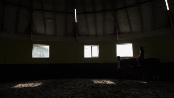 Silhouet van dressuurruiter wandelend paard door stallen. Langzame beweging — Stockvideo