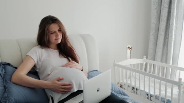 Femme enceinte reposant sur un canapé à la maison et travaillant avec un ordinateur portable en utilisant la technologie en ligne. Gros plan — Video