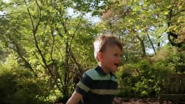 Mutlu çocuk parktaki çimlerde koşar. — Stok video