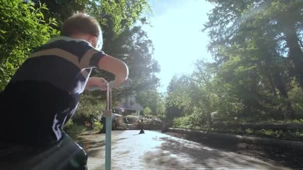 Kleiner Junge fährt an sonnigen Tagen Roller im Park. Rückansicht Zeitlupe — Stockvideo