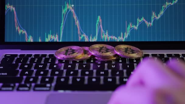 Gouden munt Bitcoin op het toetsenbord, handen op het toetsenbord type tekst Crypto valuta cursus. Sluiten. — Stockvideo