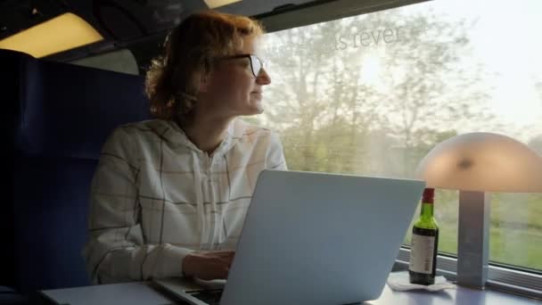 Mujer trabaja en el ordenador portátil, mientras que montar tren sentado cerca de la ventana en el día soleado — Vídeo de stock