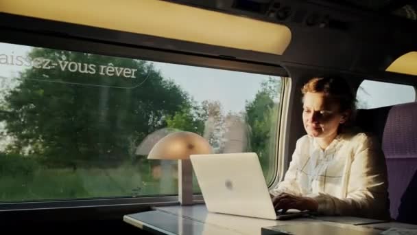 Frau Arbeitet Laptop Während Sie Sonnigen Tagen Zug Fenster Sitzt — Stockvideo