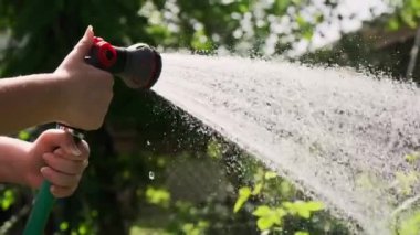 Bahçe spreyi kadının elinde bahçe yatağını suluyor. Ağır çekim. Yüksek kalite 4k görüntü