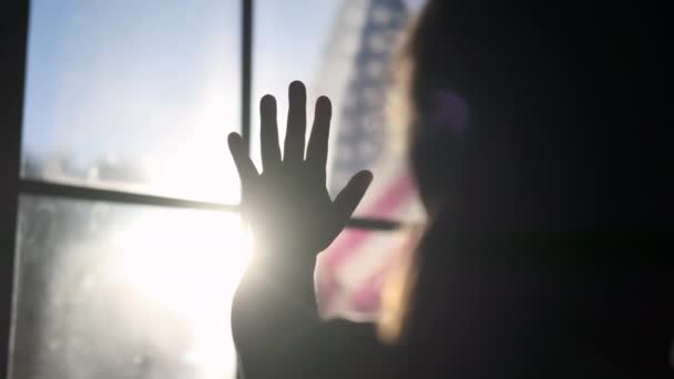 Chica Extiende Mano Sol Primer Plano Silueta Sueño Felicidad Luz — Vídeos de Stock